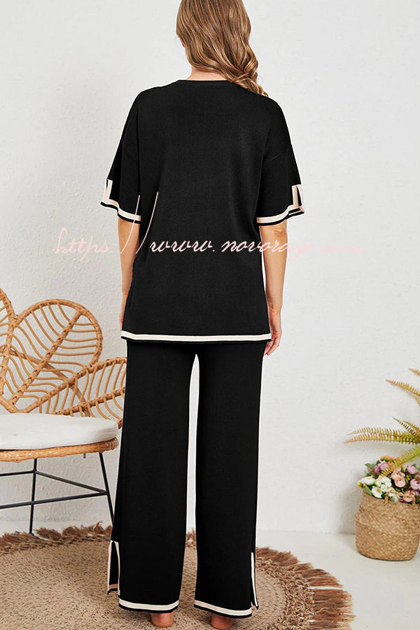 Lounge or Casual Wear Knit Patchwork Color Block Short Sleeve Top and Elastic Wide Leg Pants