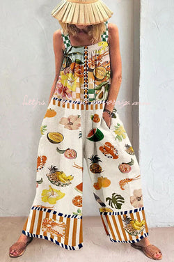 Good Timing Linen Blend Tropical Fruit Print Pocketed Wide Leg Jumpsuit