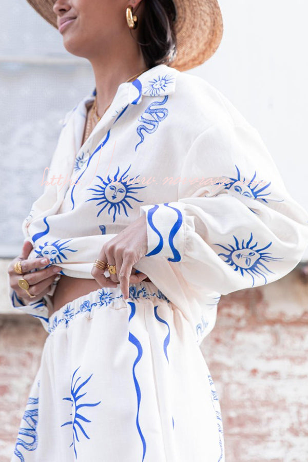 Symbol of Sicily Linen Blend Unique Print Balloon Sleeve Button Loose Shirt