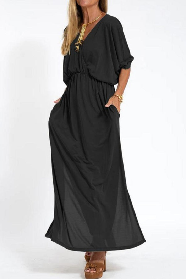 Ultimate Comfort Elastic Waist Half Sleeve Pocketed Slit Maxi Dress