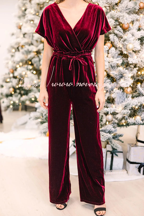 Holiday Star Velvet Lace Up Pocket Wide Leg Jumpsuit