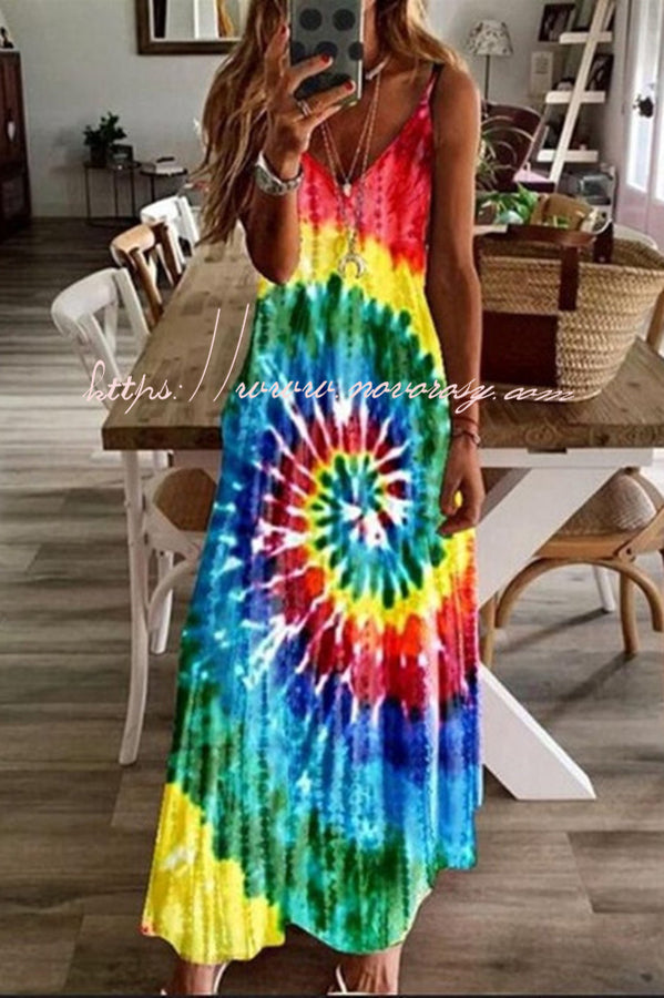 Rainbow Tie Dye Swirl Print Slip Maxi Dress