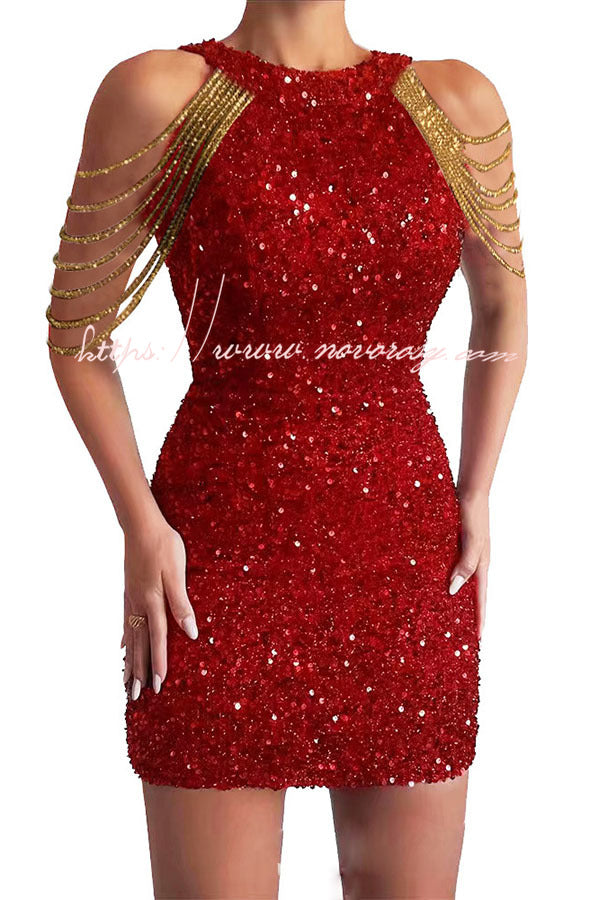 Looking At The Glamorous View Sequin Tassel Shoulder Cocktail Mini Dress