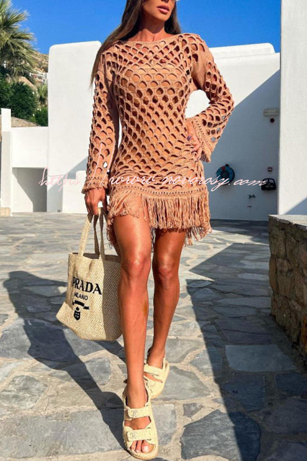 Beautiful Long Sleeved Pullover Fringed Mesh Cover Up