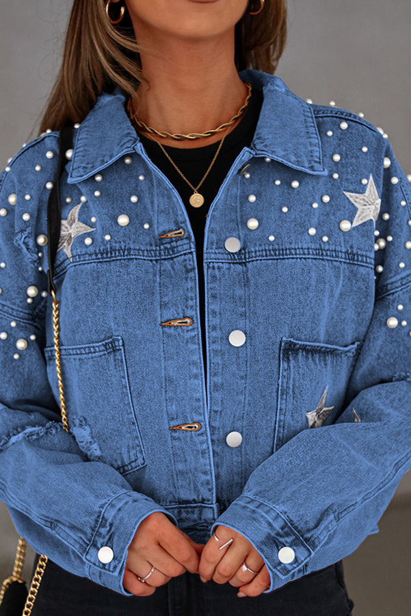 North Star Embellished Beaded Pocketed  Denim Jacket