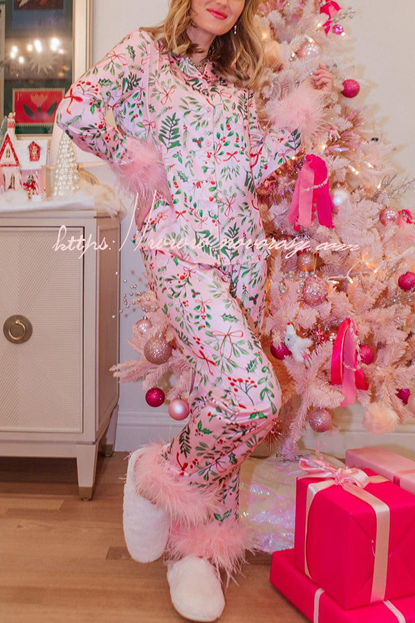 Iconic Holiday Printed Feather Trim Elastic Waist Pocketed Pajama Set