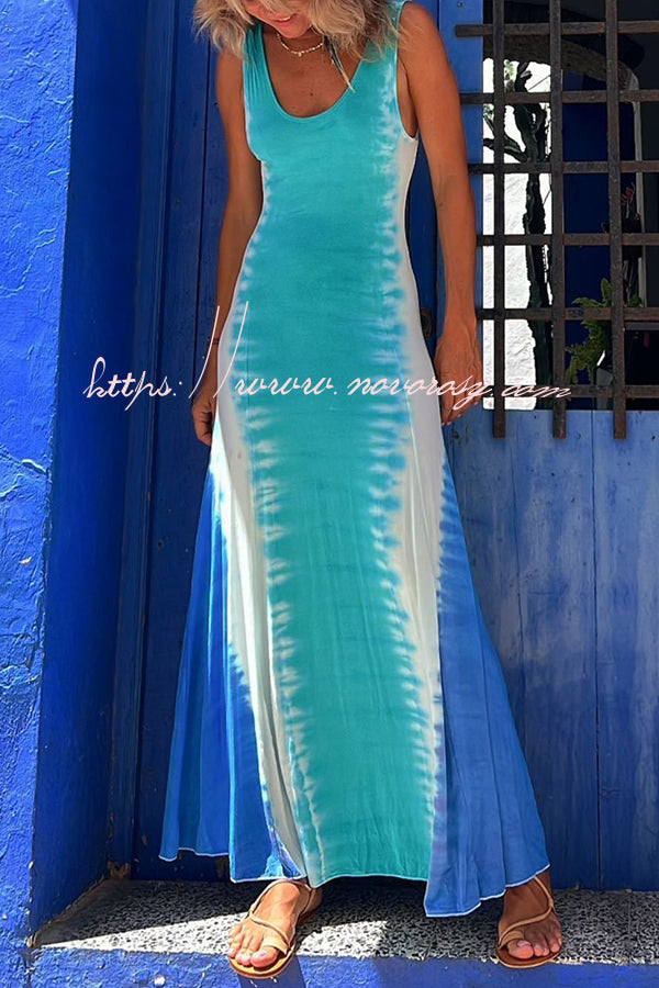 Chic and Sincere Tie-dye Print Back Lace-up Flare Stretch Maxi Dress