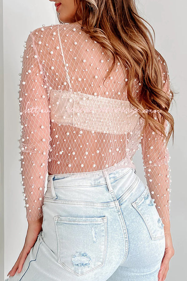Round Neck See Through Beaded Mesh Lace Shirt