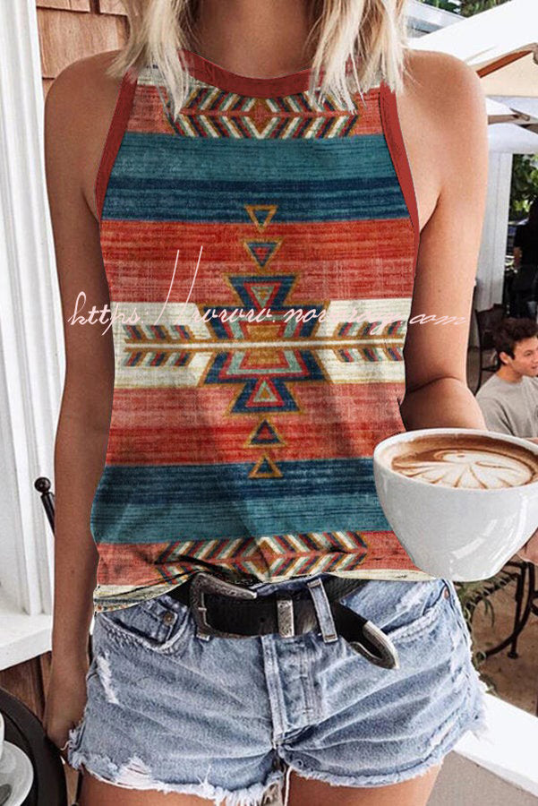 Kristina Ethnic Geometric Hippie Print Knit Tank Top