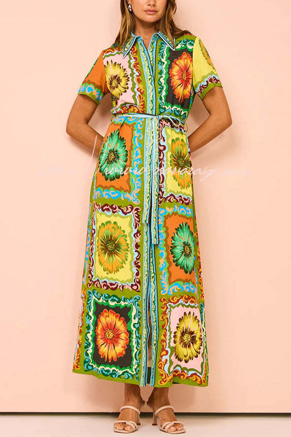 Exaggerated Unique Print Lace Up Button Maxi Dress