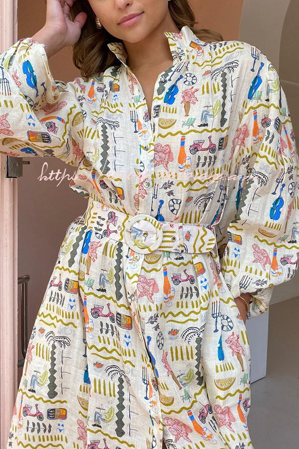 Country Cutie Unique Print Long Sleeve Belted Pocket Shirt Maxi Dress