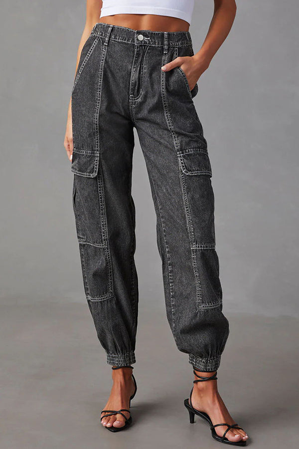 Durant High-rise Cargo Pocket Elastic Waist Button Jeans