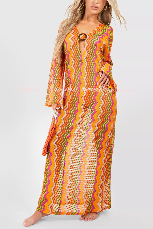 Orange Soda Stripe Print O-ring Long Sleeve Beach Maxi Dress