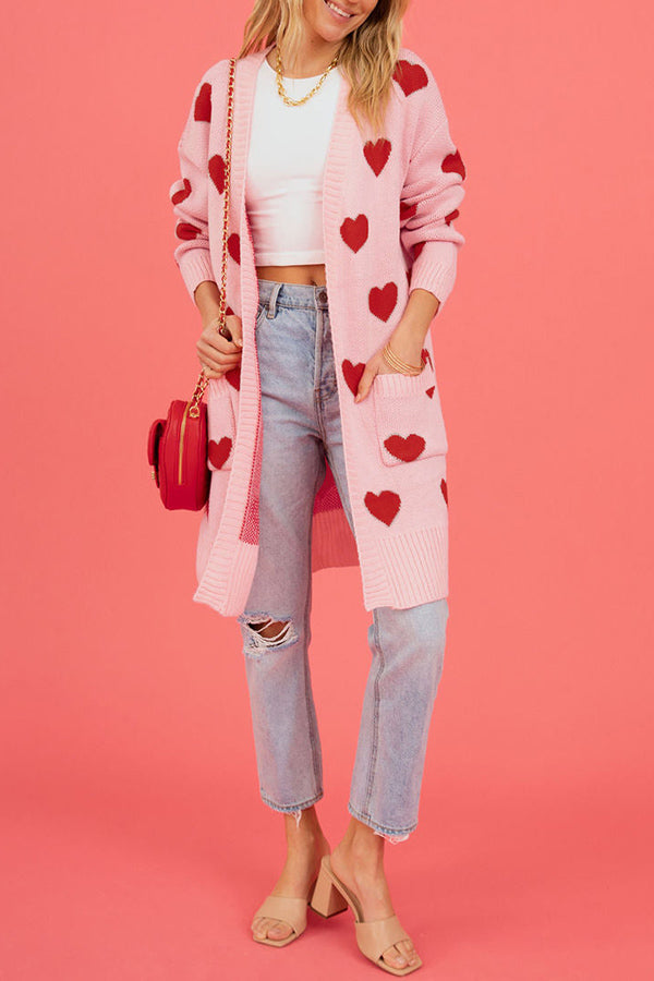 Valentine Heart Jacquard Knitted Pocket Long Sleeve Cardigan