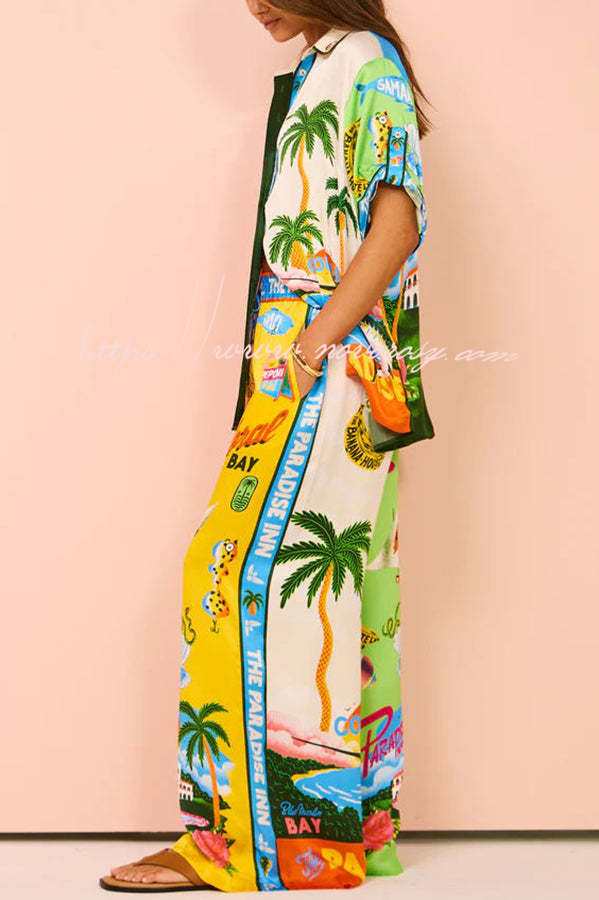 Kissed By The Sun Satin Unique Print Colorblock Elastic Waist Pocketed Wide Leg Pants