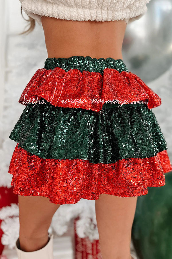 Little Christmas Magic Elastic Waist Tiered Sequin Mini Skirt