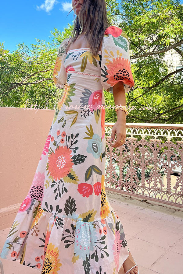 Looking for Sunshine Floral Print Square Neck Bubble Sleeve Maxi Dress