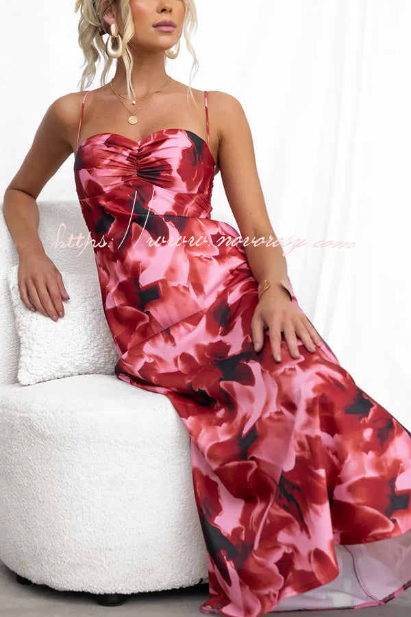Kasian Satin Floral Print Ruched Bust Slip Maxi Dress