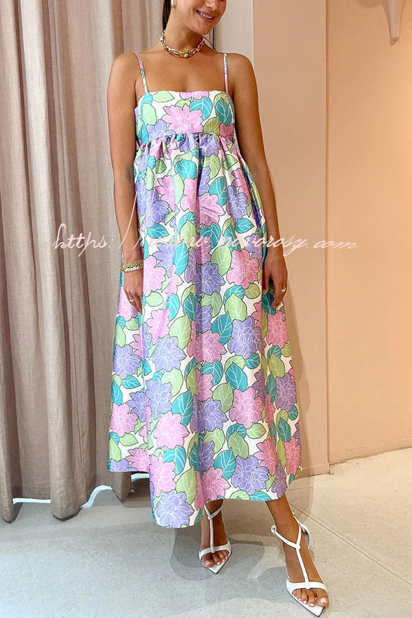 Garden Goddess Floral Printed Back Bow Design A-line Midi Dress