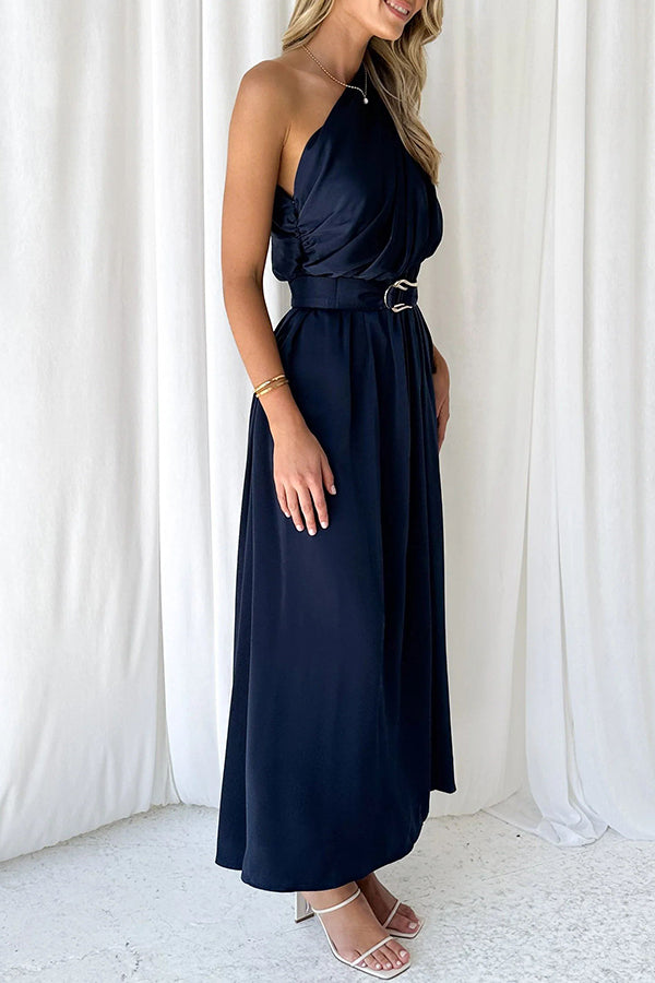 Siora Slope Neck High Waist Belted Backless Maxi Dress
