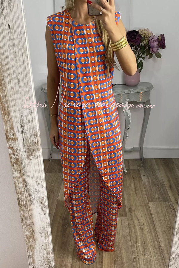 Talk about Charm Printed Front Split Midi Top and Stretch High Waist Flare Pants Set