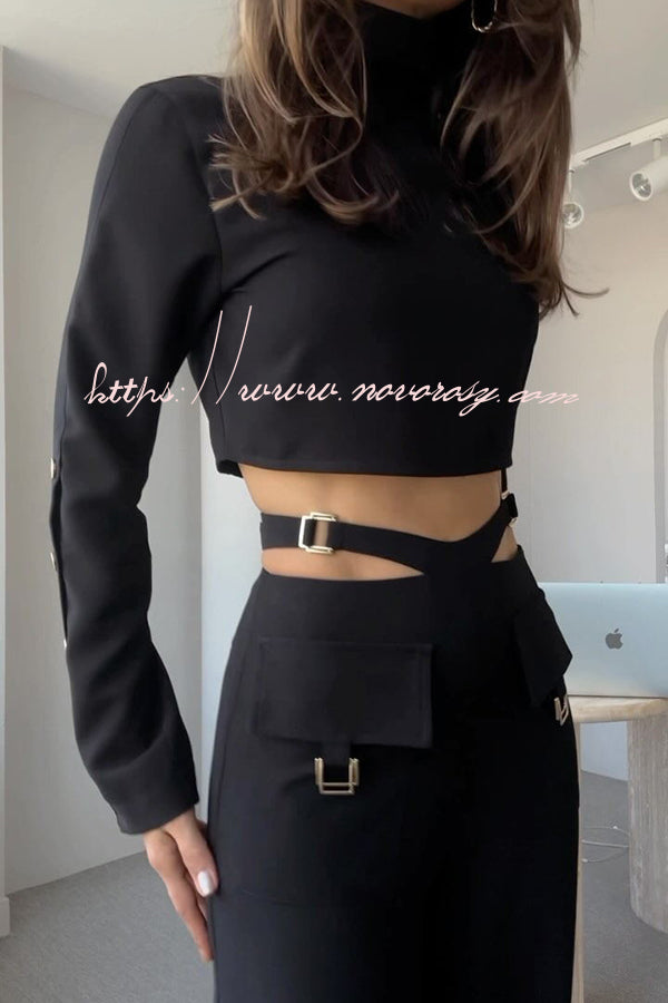 Leia High Neck Button Bell Sleeve Top and Cutout Waist Metal Pocketed Flare Pants Set