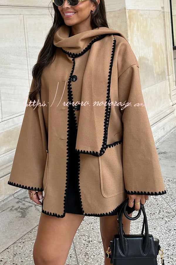 Hepburn Style Woolen Contrast Edging Pocketed Loose Coat with Scarf