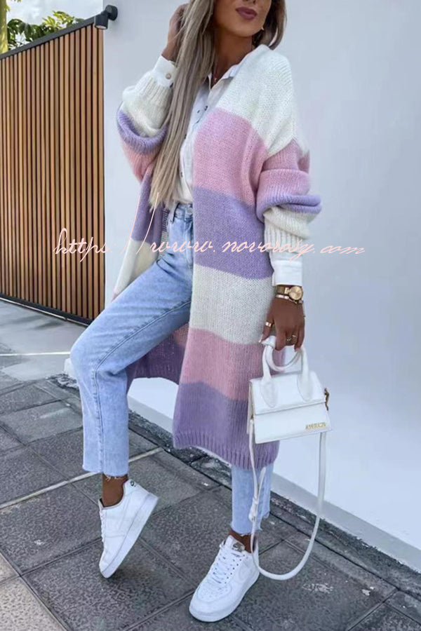 Contrast Long Sleeve Multicolor Striped Cardigans
