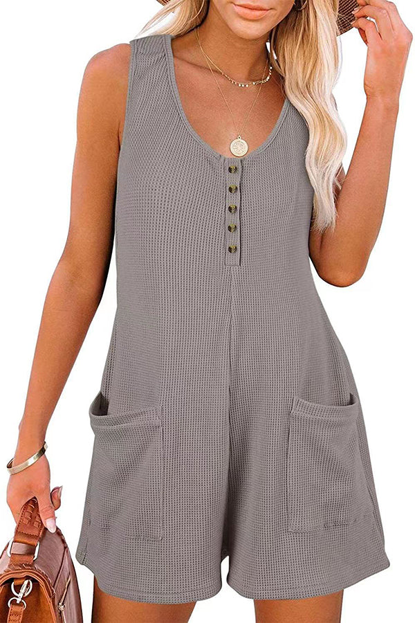 Summer Camping Waffle Fabric Button Up Pocketed Loose Romper