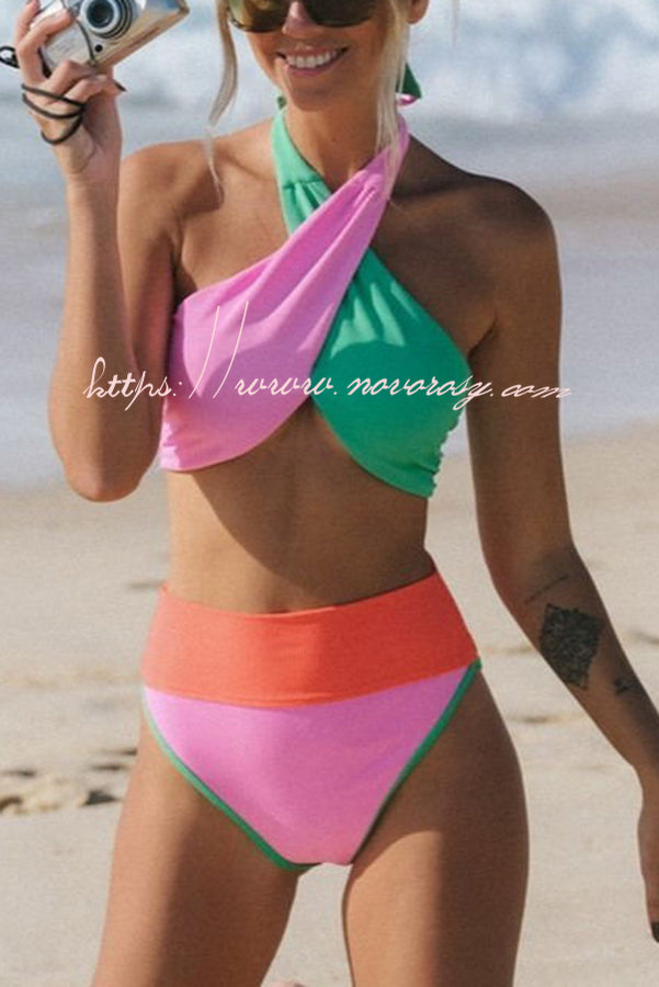 Summer Brights Ribbed Color Block Cross Halter Neck High Rise Bikini Swimsuit