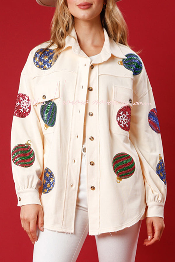 Lantern Ball Sequin Patchwork Pocket Button Long Sleeve Jacket
