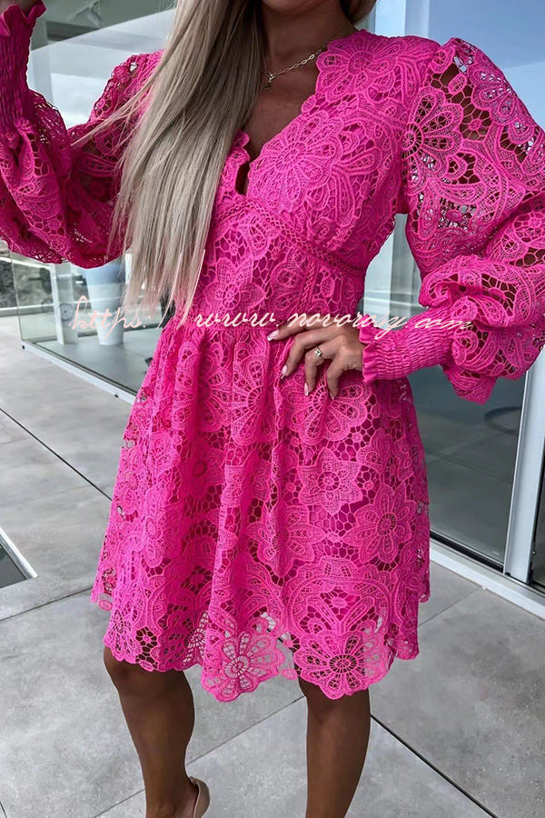 Luxe Debut Floral Crochet Lace Lantern Sleeve Mini Dress