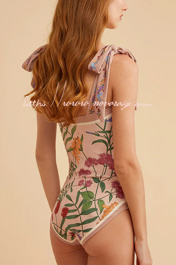 Sherry Vintage Style Floral Printed Reversible Tie Shoulder Stretch One-piece Swimsuit