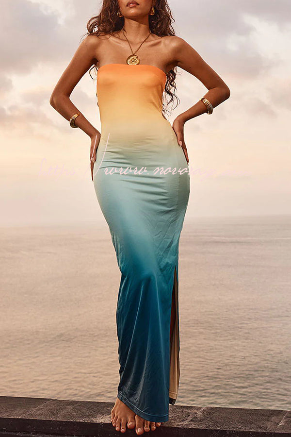 Sunset Coast Gradient Print Reversible Style Bandeau Stretch Maxi Dress