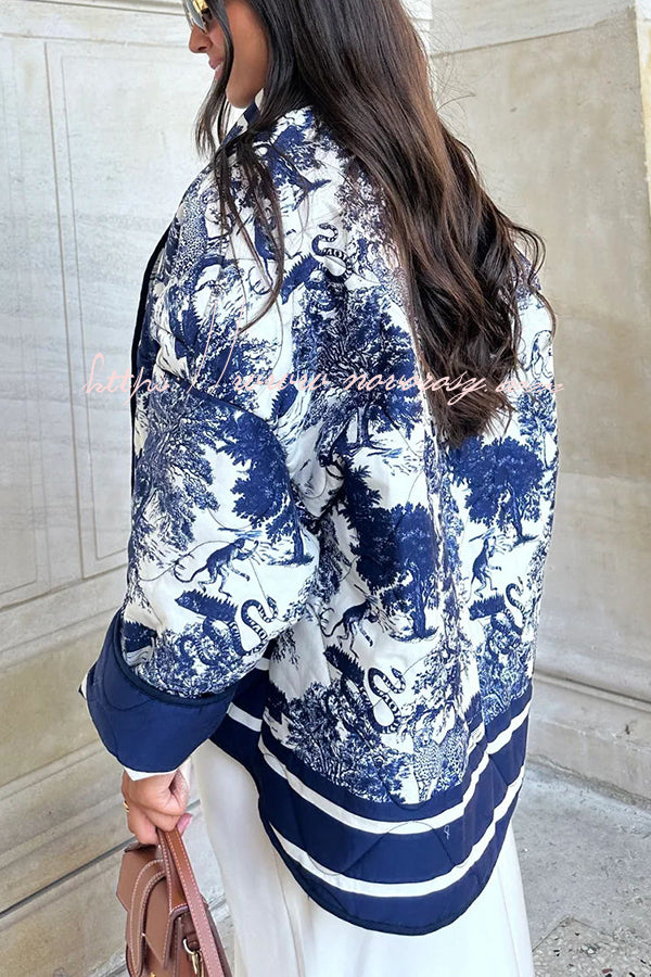 Romantic Songs Porcelain Ink Printed Pocket Quilted Cotton Kimono Jacket