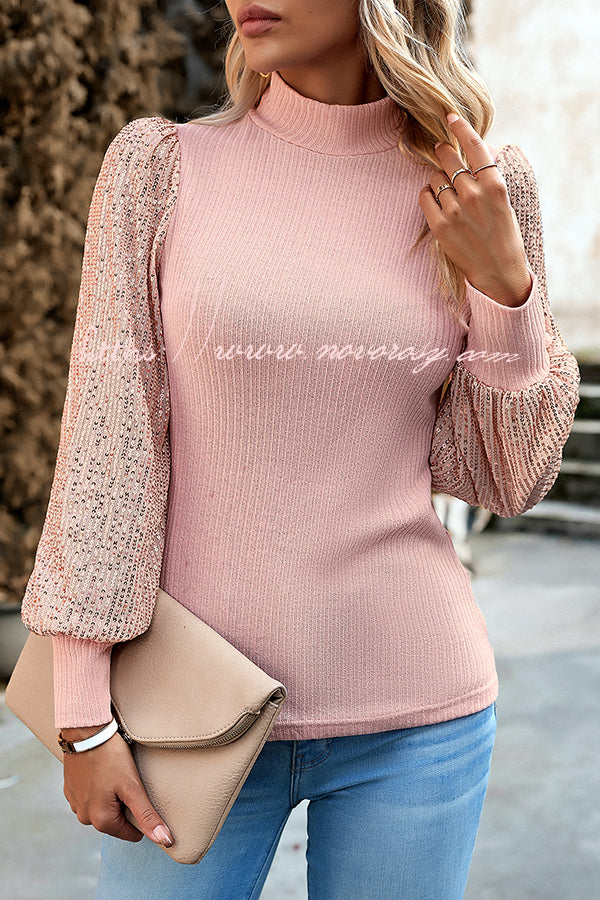 Sequined Paneled Knitted Long Sleeved Shirts