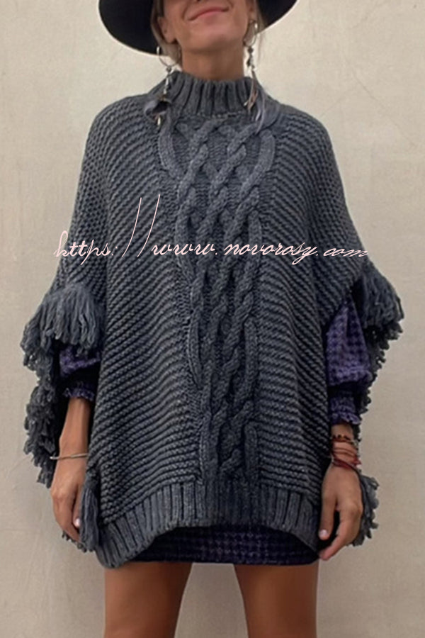 Cozy Paradise Knit Cable Fringed Dolman Sleeve Loose Sweater
