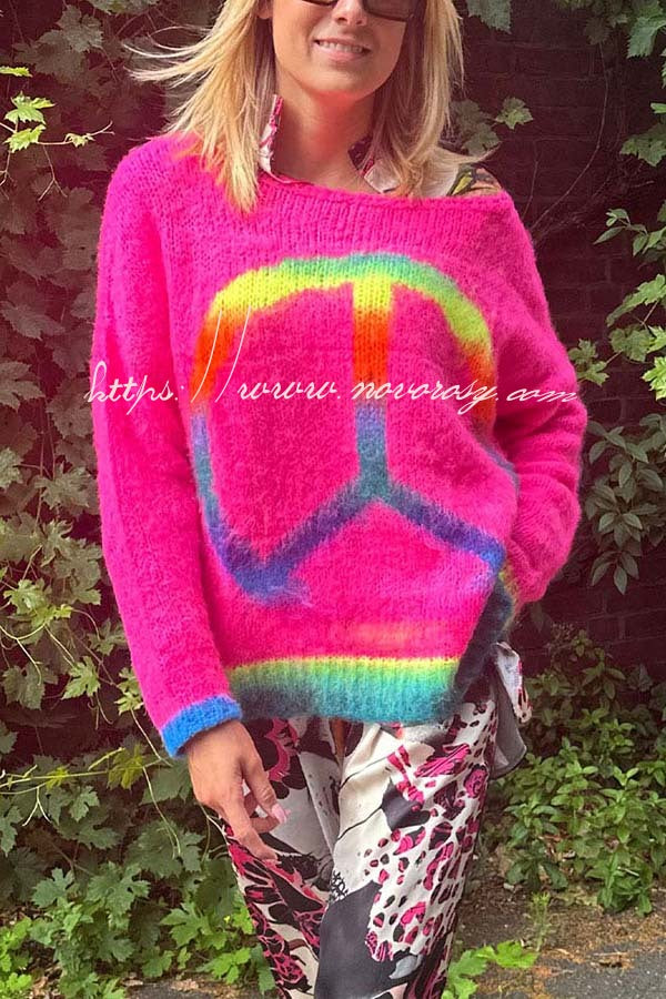 Love and Peace Knit Rainbow Pattern Loose Pullover Sweatershirt