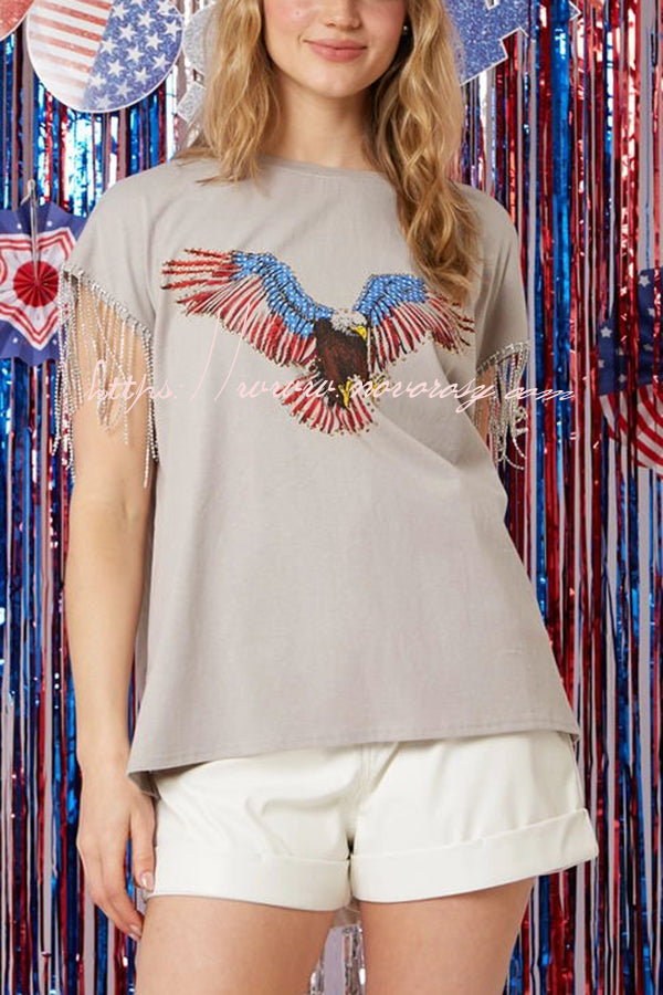 Extraordinary American Eagle Print Rhinestone Tassel Short Sleeve T-Shirt