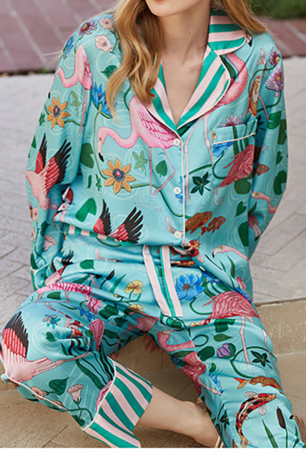 Flamingo Printed Home Long Sleeved Two-piece Set