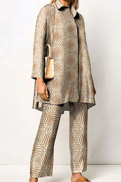 Geometric Print Lapel Long Sleeved Top and Pants Two Piece Set