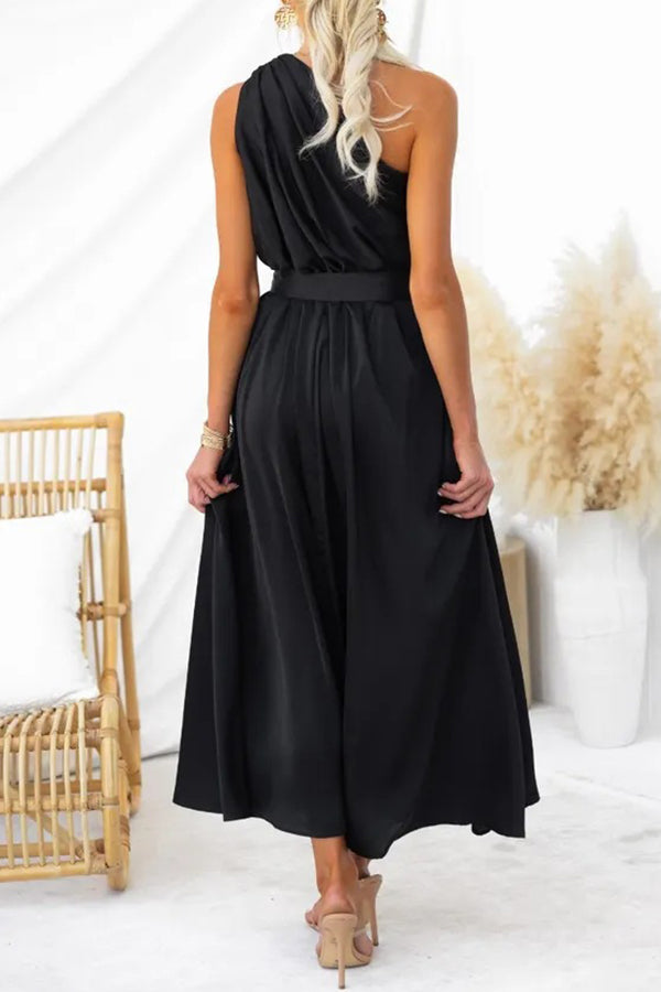Siora Slope Neck High Waist Belted Backless Maxi Dress