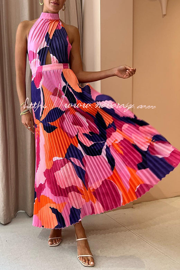 Romantic One Capri Print Halter Neck Pleated Maxi Dress