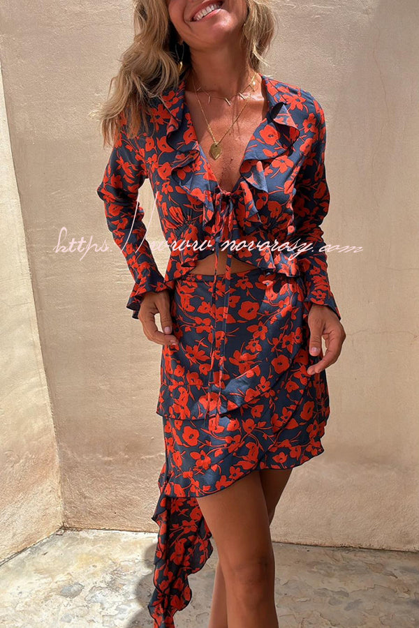 Romantic Summer Floral Print Asymmetric Ruffle Design Tie-up Mini Dress