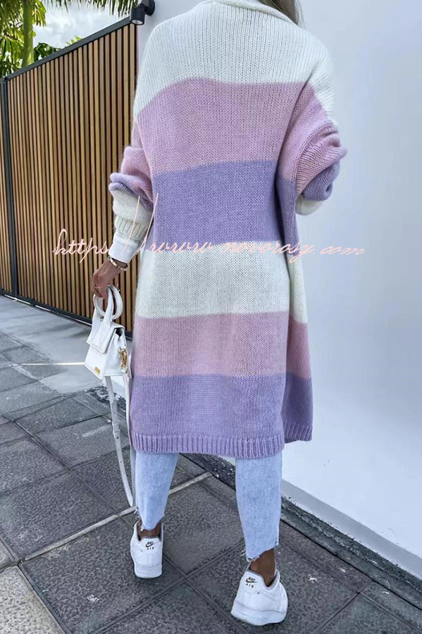 Contrast Long Sleeve Multicolor Striped Cardigans