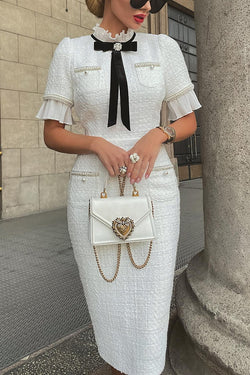 Elegant Plisse Tweed Pearl Trim Velvet Bow Design Formal Midi Dress