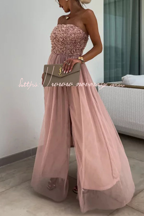 Romance and Lightness Tulle Floral Texture Pleated Patchwork Strapless Slit Maxi Dress