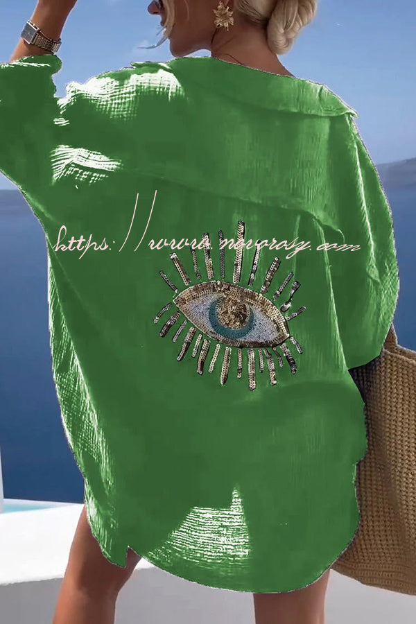 Summer Breeze Linen Blend Sequin Magic Eye Desig Oversized Relax Shirt