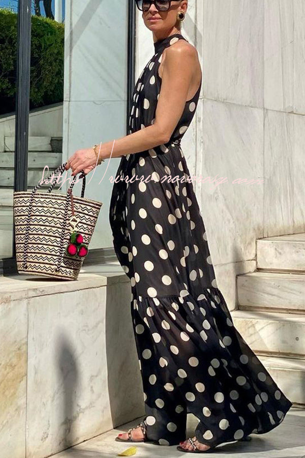Charming Idea Polka Dots Belted Halter A-line Maxi Dress