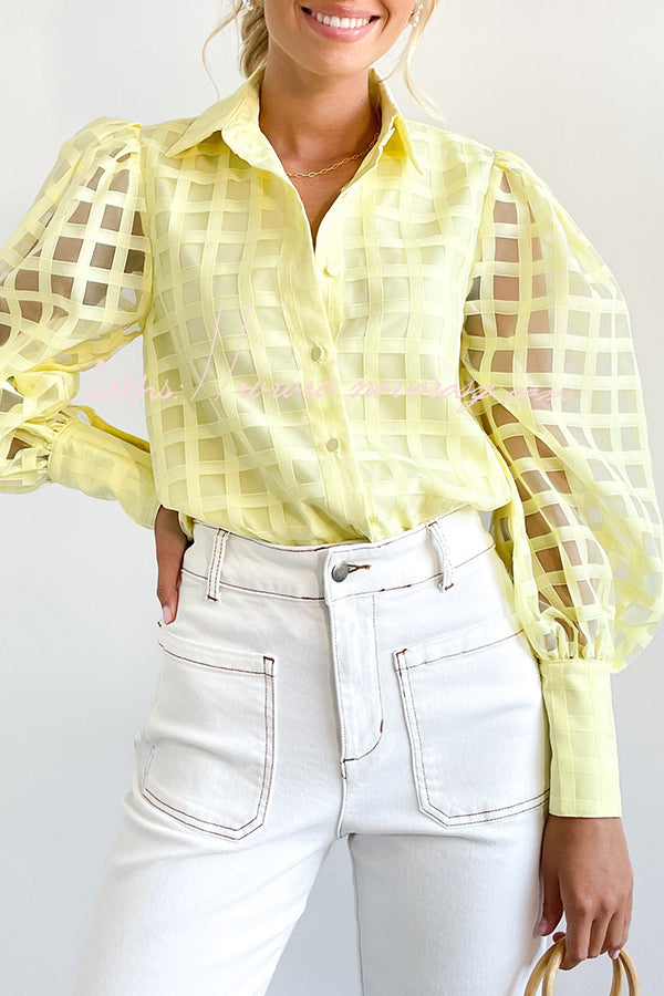 Town Kisses Square Patterned Sheer Long Sleeve Blouse